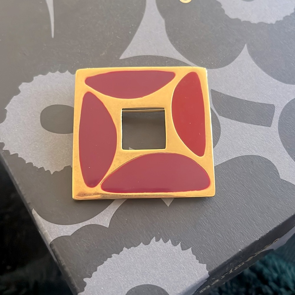 Monet red square enamel art deco statement brooch